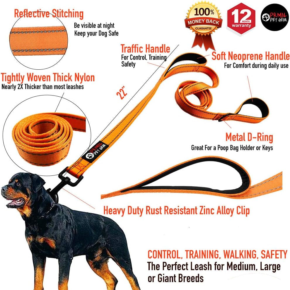 Dog Leash 6Ft Long,Traffic Padded Two Handle,Heavy Duty,Reflective Double Handles Lead for Control Safety Training,Leashes for Large Dogs or Medium Dogs,Dual Handles Leads(Orange)